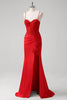 Load image into Gallery viewer, Red Spaghetti Straps Mermaid Satin Long Corset Prom Dress with Appliques