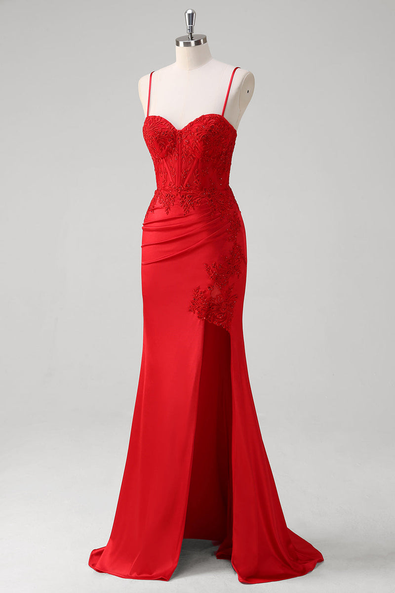 Load image into Gallery viewer, Red Spaghetti Straps Mermaid Satin Long Corset Prom Dress with Appliques