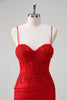 Load image into Gallery viewer, Red Spaghetti Straps Mermaid Satin Long Corset Prom Dress with Appliques