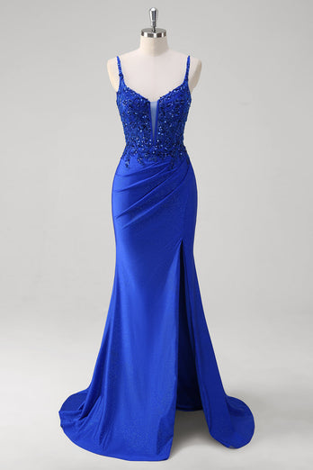 Glitter Royal Blue Mermaid Spaghetti Straps Long Ruched Corset Prom Dress with Slit