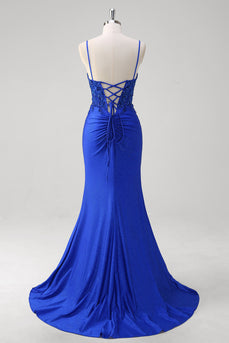 Glitter Royal Blue Mermaid Spaghetti Straps Long Ruched Corset Prom Dress with Slit