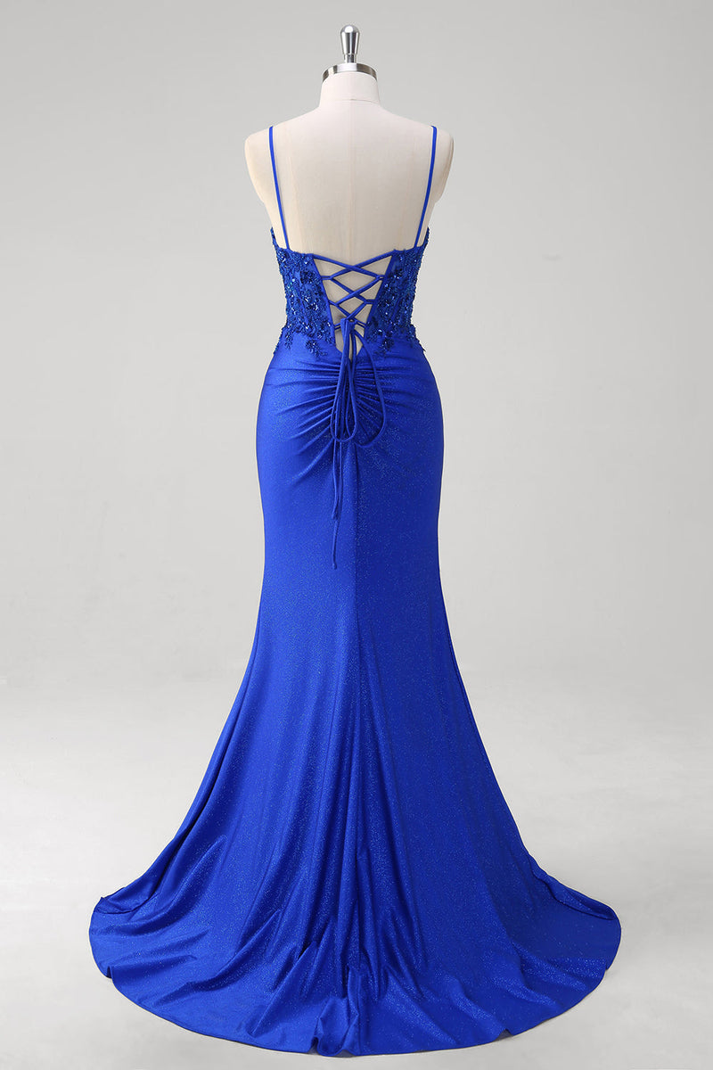 Load image into Gallery viewer, Glitter Royal Blue Mermaid Spaghetti Straps Long Ruched Corset Prom Dress with Slit