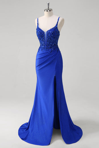 Glitter Royal Blue Mermaid Spaghetti Straps Long Ruched Corset Prom Dress with Slit