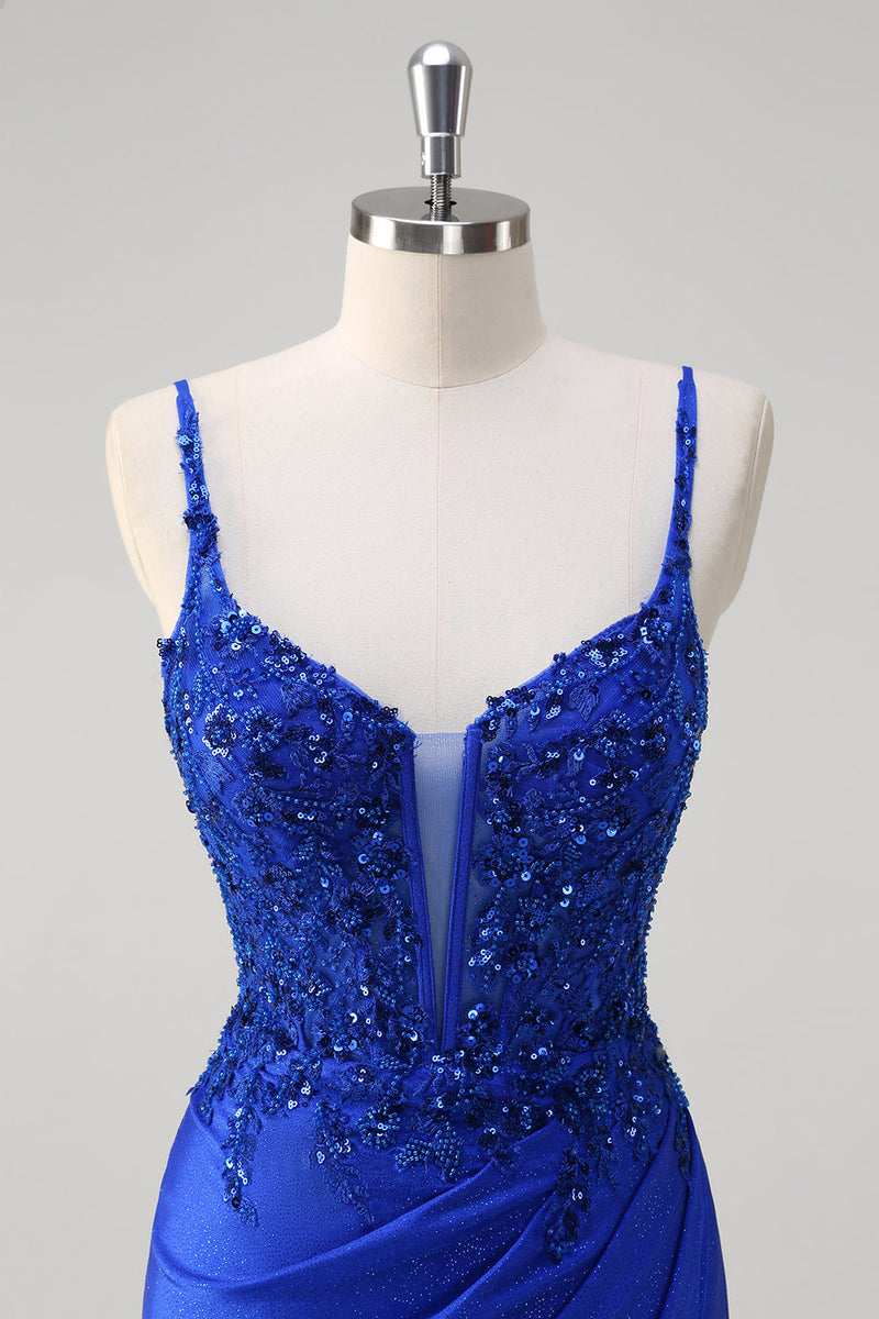 Load image into Gallery viewer, Glitter Royal Blue Mermaid Spaghetti Straps Long Ruched Corset Prom Dress with Slit