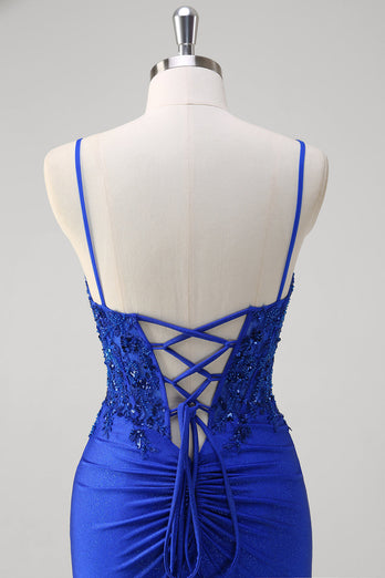 Glitter Royal Blue Mermaid Spaghetti Straps Long Ruched Corset Prom Dress with Slit