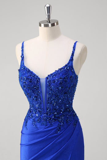 Glitter Royal Blue Mermaid Spaghetti Straps Long Ruched Corset Prom Dress with Slit