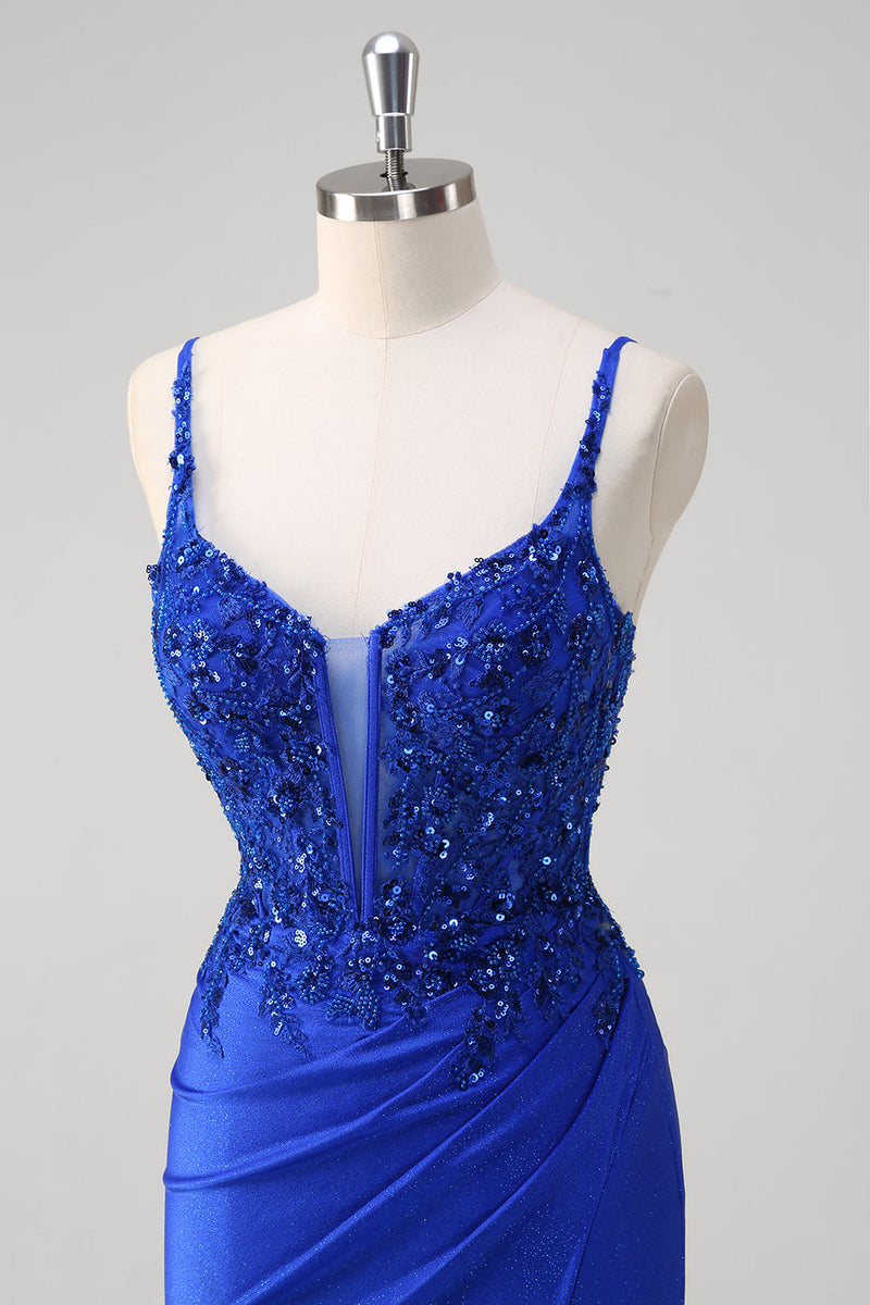 Load image into Gallery viewer, Glitter Royal Blue Mermaid Spaghetti Straps Long Ruched Corset Prom Dress with Slit