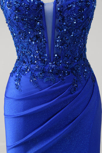 Glitter Royal Blue Mermaid Spaghetti Straps Long Ruched Corset Prom Dress with Slit