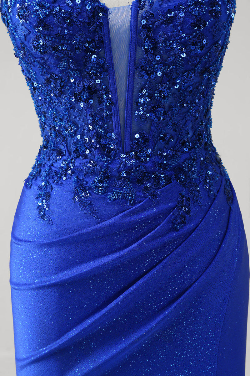 Load image into Gallery viewer, Glitter Royal Blue Mermaid Spaghetti Straps Long Ruched Corset Prom Dress with Slit