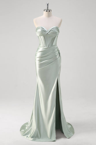 Matcha Mermaid Sweetheart Satin Ruched Long Corset Prom Dress with Slit