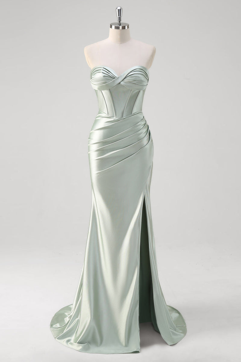 Load image into Gallery viewer, Matcha Mermaid Sweetheart Satin Ruched Long Corset Prom Dress with Slit