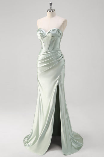 Matcha Mermaid Sweetheart Satin Ruched Long Corset Prom Dress with Slit