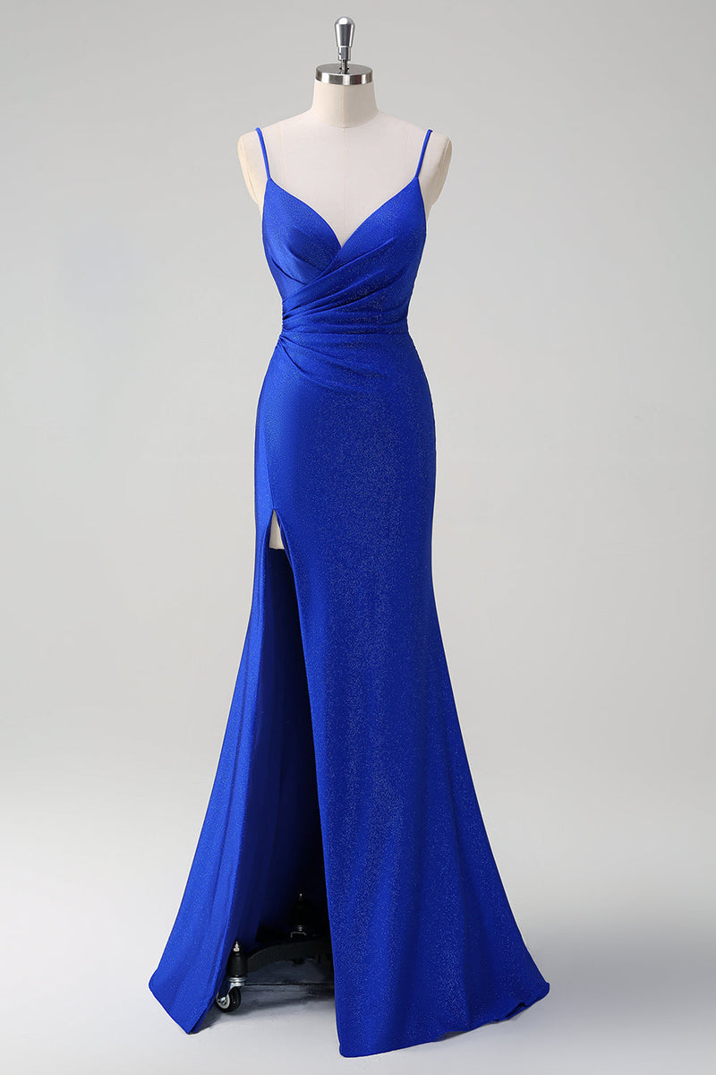 Load image into Gallery viewer, Glitter Royal Blue Mermaid Spaghetti Straps Ruched Long Prom Dress With Slit