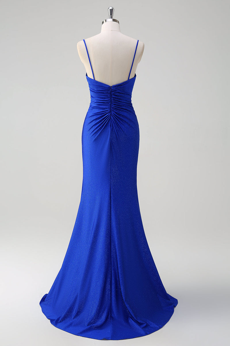 Load image into Gallery viewer, Glitter Royal Blue Mermaid Spaghetti Straps Ruched Long Prom Dress With Slit