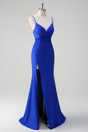 Glitter Royal Blue Mermaid Spaghetti Straps Ruched Long Prom Dress With Slit