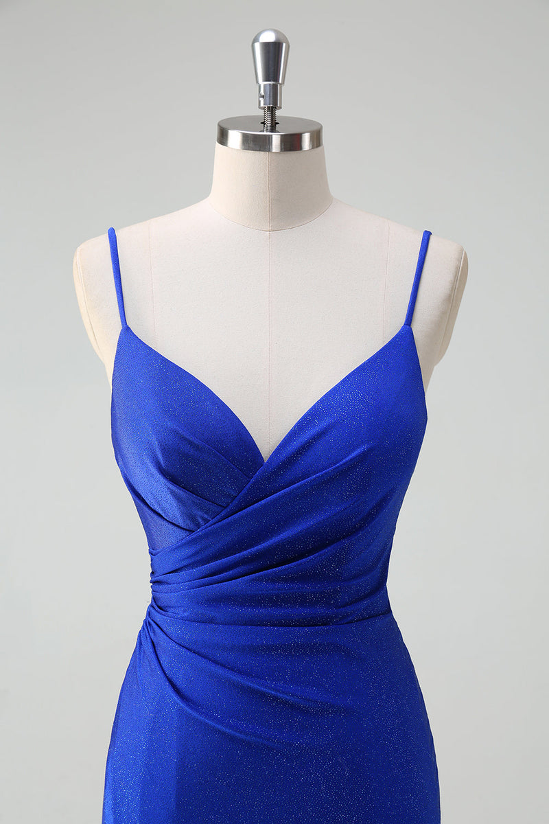 Load image into Gallery viewer, Glitter Royal Blue Mermaid Spaghetti Straps Ruched Long Prom Dress With Slit