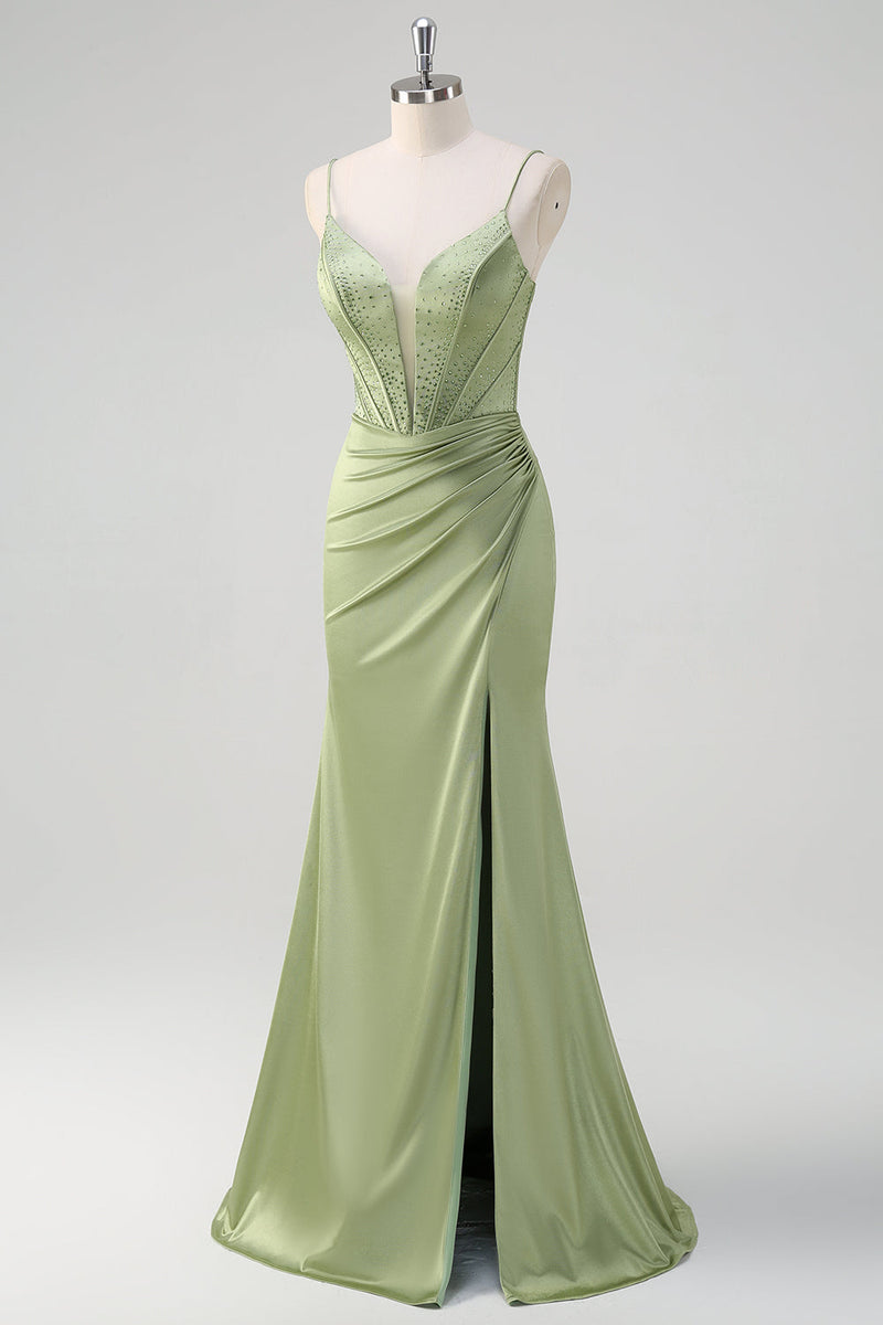 Load image into Gallery viewer, Green Mermaid Spaghetti Straps Corset Long Beaded Prom Dress With Slit