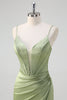 Load image into Gallery viewer, Green Mermaid Spaghetti Straps Corset Long Beaded Prom Dress With Slit