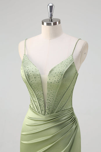 Green Mermaid Spaghetti Straps Corset Long Beaded Prom Dress With Slit