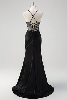 Sparkly Black Mermaid Halter Neck Beaded Long Prom Dress With Slit