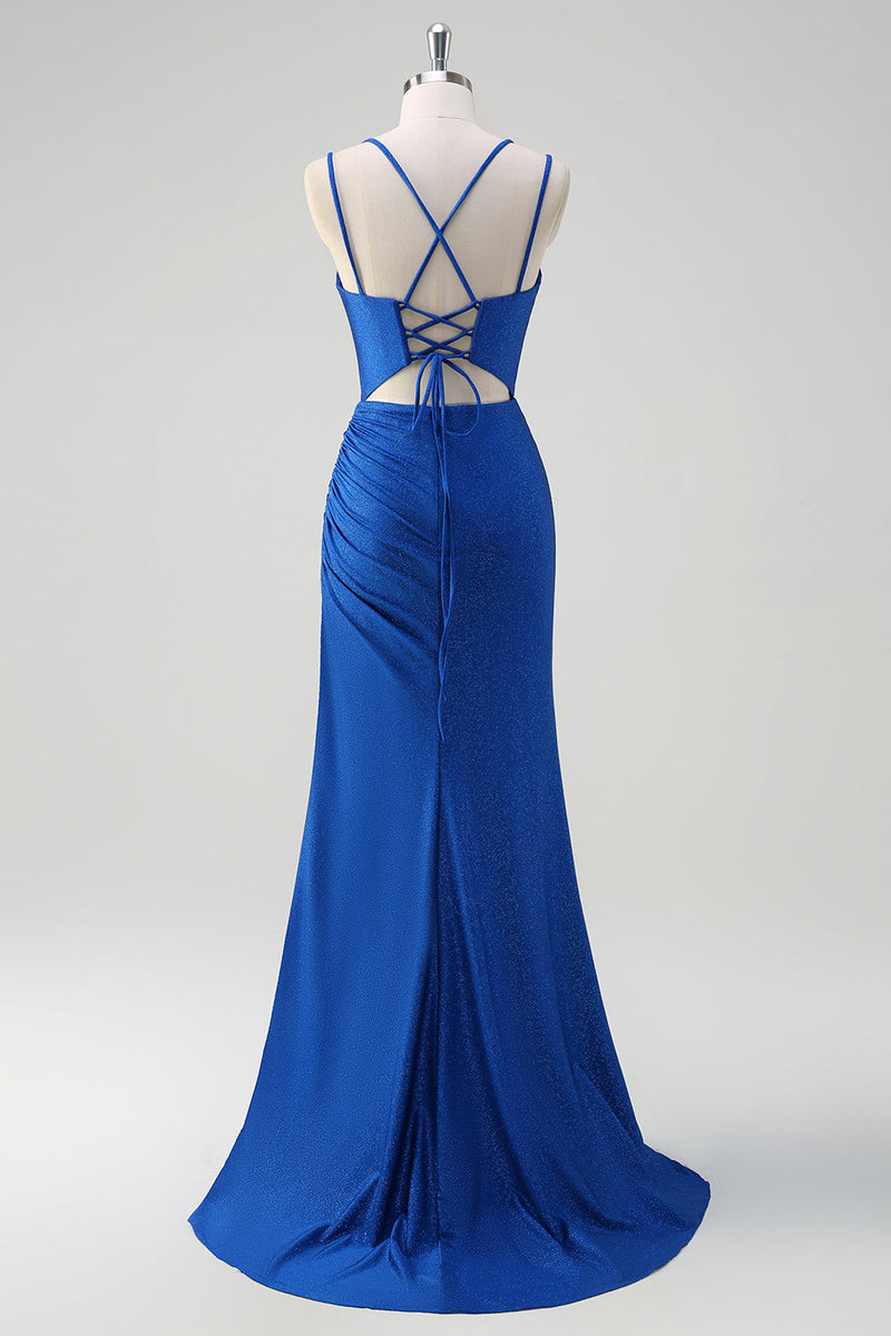 Load image into Gallery viewer, Royal Blue Mermaid Spaghetti Straps Corset Long Prom Dress With Slit