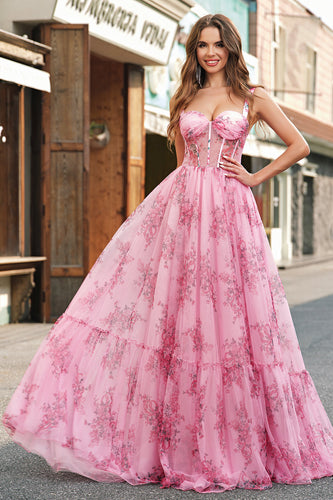 Blush Floral A Line Spaghetti Straps Pleated Corset Prom Dress