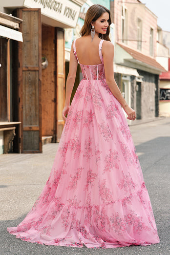 Blush Floral A Line Spaghetti Straps Pleated Corset Prom Dress