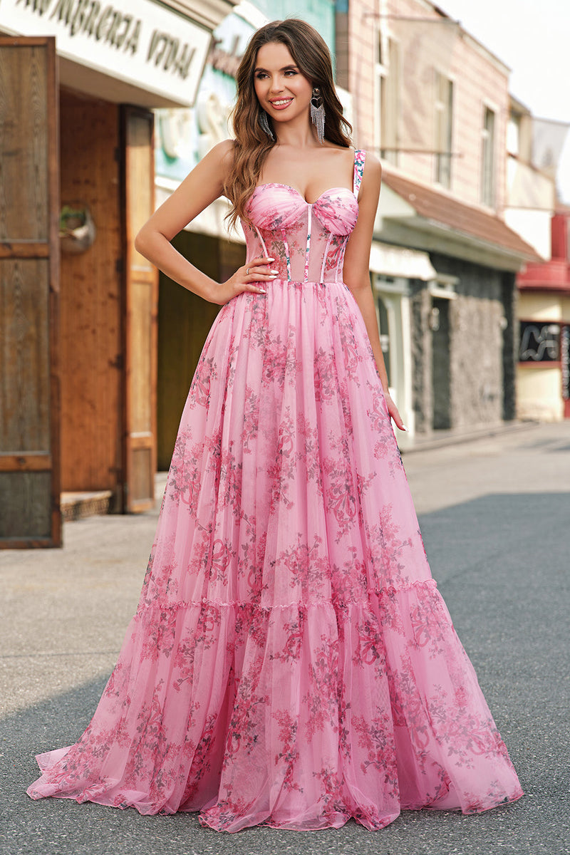 Load image into Gallery viewer, Blush Floral A Line Spaghetti Straps Pleated Corset Prom Dress