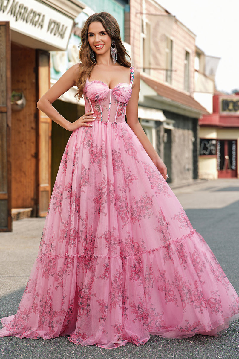 Load image into Gallery viewer, Blush Floral A Line Spaghetti Straps Pleated Corset Prom Dress