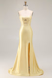 Strapless Mermaid Beaded Cut-Out Yellow Long Prom Dress With Slit