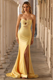 Yellow Mermaid Strapless Beaded Cut-Out Long Prom Dress With Slit