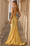 Yellow Mermaid Strapless Beaded Cut-Out Long Prom Dress With Slit
