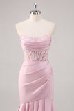 Blush Mermaid Strapless Corset Tiered Long Prom Dress with Slit