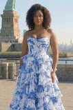 Blue White Flower A-Line Basque Waist Tiered Long Plus Size Prom Dress with Slit