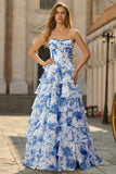White Blue Flower A-Line Basque Waist Strapless Tiered Long Prom Dress with Slit