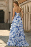 White Blue Flower A-Line Basque Waist Strapless Tiered Long Prom Dress with Slit