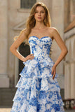 White Blue Flower A-Line Basque Waist Strapless Tiered Long Prom Dress with Slit