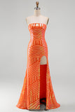 Sparkly Orange Sequins Mermaid Strapless Long Prom Dress with Slit