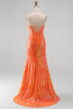 Sparkly Orange Sequins Mermaid Strapless Long Prom Dress with Slit