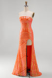 Sparkly Orange Sequins Mermaid Strapless Long Prom Dress with Slit