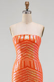 Sparkly Orange Sequins Mermaid Strapless Long Prom Dress with Slit