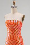Sparkly Orange Sequins Mermaid Strapless Long Prom Dress with Slit