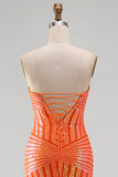 Sparkly Orange Sequins Mermaid Strapless Long Prom Dress with Slit
