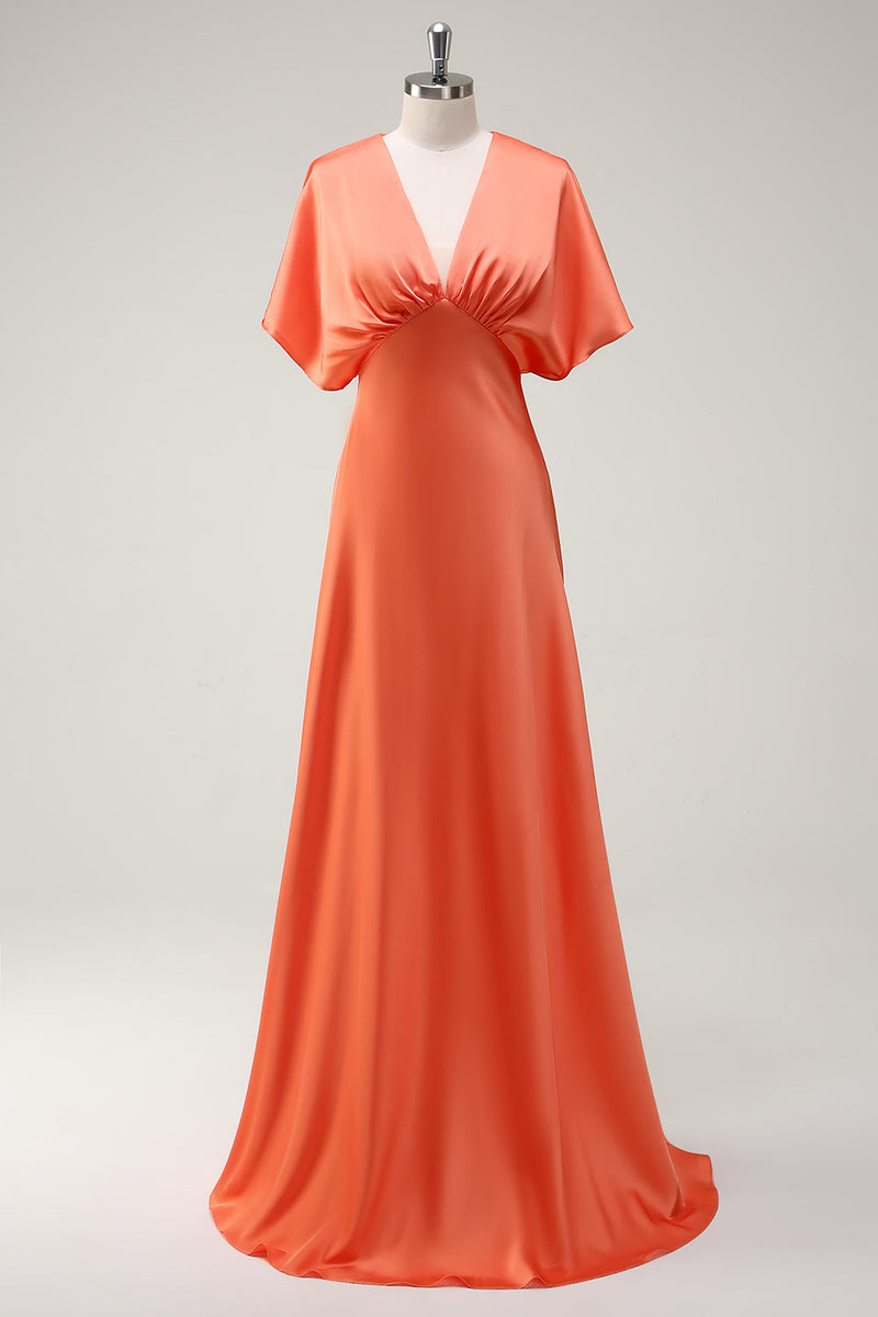 Load image into Gallery viewer, Sunset A Line V-Neck Satin Bridesmaid Dress with Short Sleeves