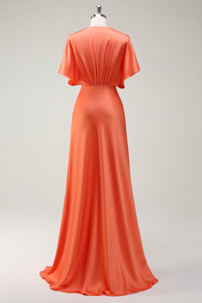 Sunset A Line V-Neck Satin Bridesmaid Dress with Short Sleeves