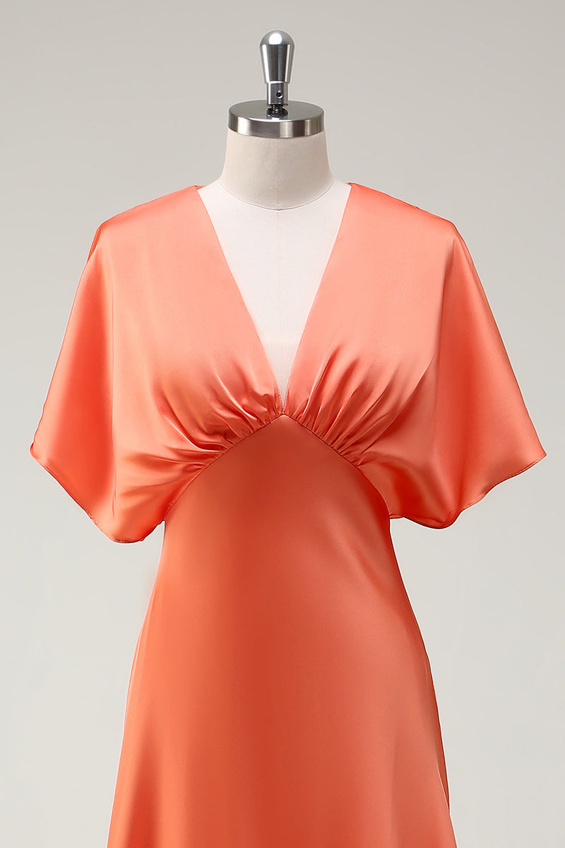 Load image into Gallery viewer, Sunset A Line V-Neck Satin Bridesmaid Dress with Short Sleeves