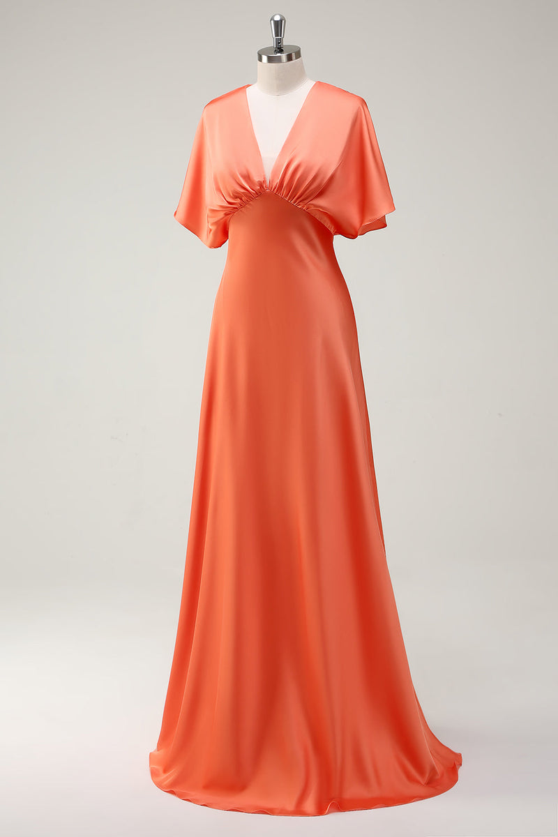 Load image into Gallery viewer, Sunset A Line V-Neck Satin Bridesmaid Dress with Short Sleeves