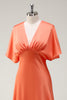 Load image into Gallery viewer, Sunset A Line V-Neck Satin Bridesmaid Dress with Short Sleeves