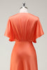 Load image into Gallery viewer, Sunset A Line V-Neck Satin Bridesmaid Dress with Short Sleeves