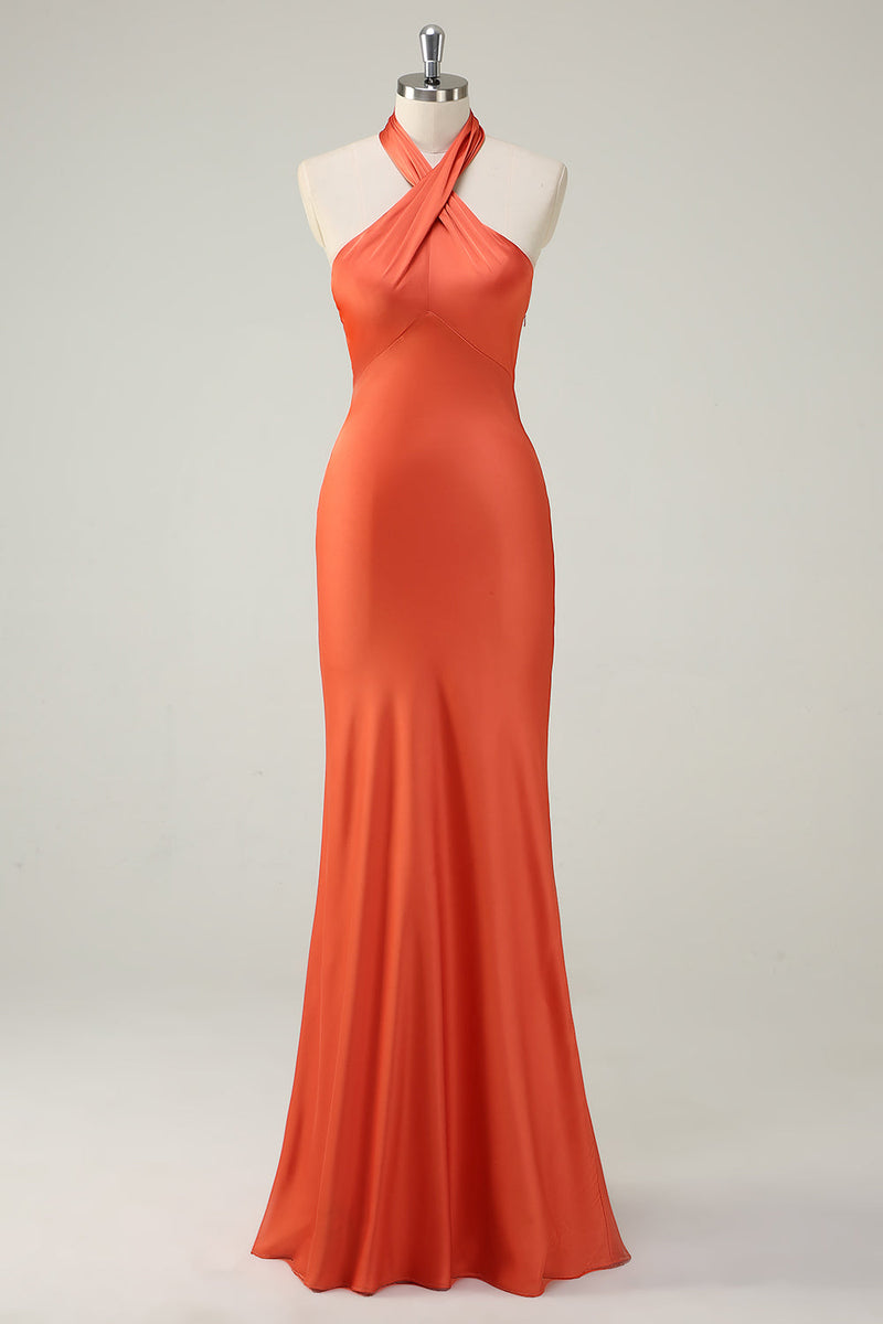 Load image into Gallery viewer, Orange Mermaid Cross Halter Open Back Long Bridesmaid Dress